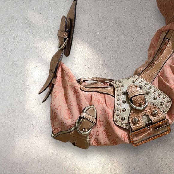 RARE Vintage Y2K Guess Orange Monogram Studded Hobo Shoulder Bag - Picture 6 of 10